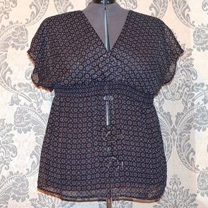 Black Purple Smocked Babydoll Empire V Neck Top